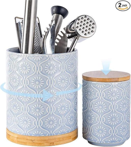 TEATALK Utensil Holder Set of 2, 7.7"+5.7" Ceramic Kitchen Utensil Holder for Countertop, Farmhouse Vintage Utensil Crock, 360° Rotating Large Utensil Organizer, Light Blue