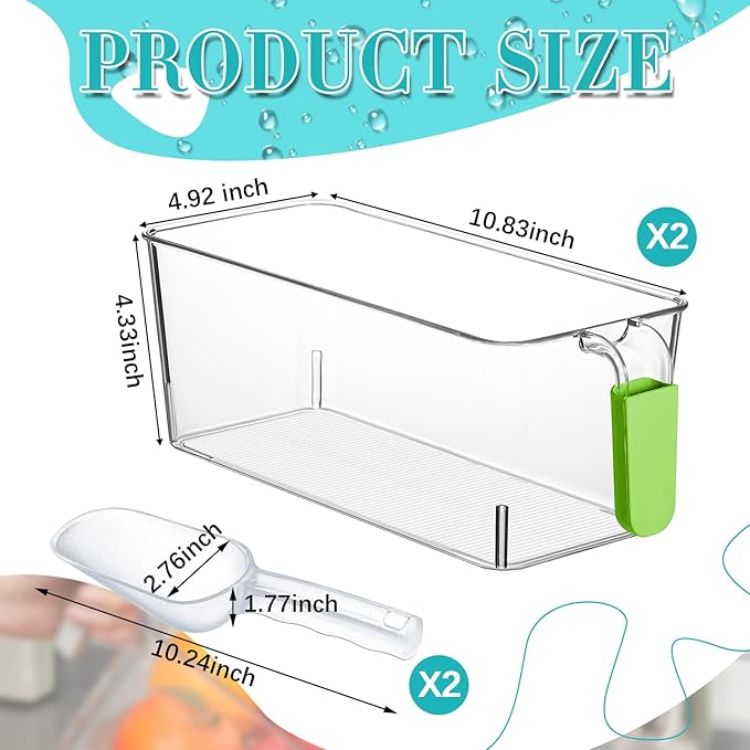 Havawish 2 Set Ice Bin and Flexible Scoop Set Plastic Freezer Ice Bin with Pull Out Handle Storage Bucket Clear for Container with Bucket Scoop (10.83 x 4.92 x 4.33 in,Green)