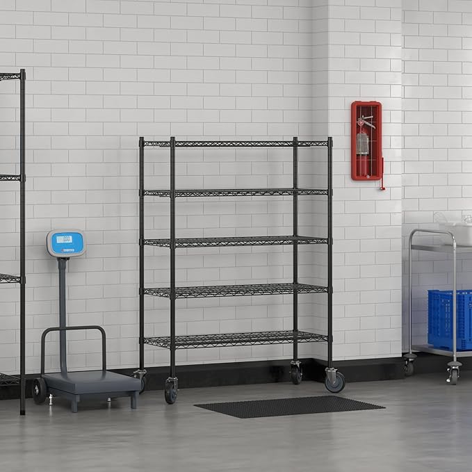 Commercial NSF Listed Black Epoxy Mobile Wire Shelving Kit 18" x 42" x 60", with 5 Shelves Perfect for Warehouse, Walk-in Refrigerator, Freezer, Grocery Store, Restaurant, Dishroom