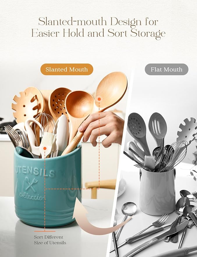 AISBUGUR Large Ceramic Utensil Holder 7.5" H×6.3" W with Slanted Mouth - Utensil Crock with Non-Slip Cork Base for Kitchen Counter, Ideal for Decor & Gift,Blue