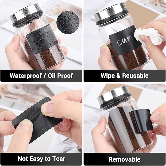Segarty Chalkboard Labels, 170 Pcs Square Blank Labels with 1 White Chalk Marker for Spice Jars, Waterproof Revmovable Black Stickers for Food Containers, Seasoning Bottles, Kitchen Storage Bin