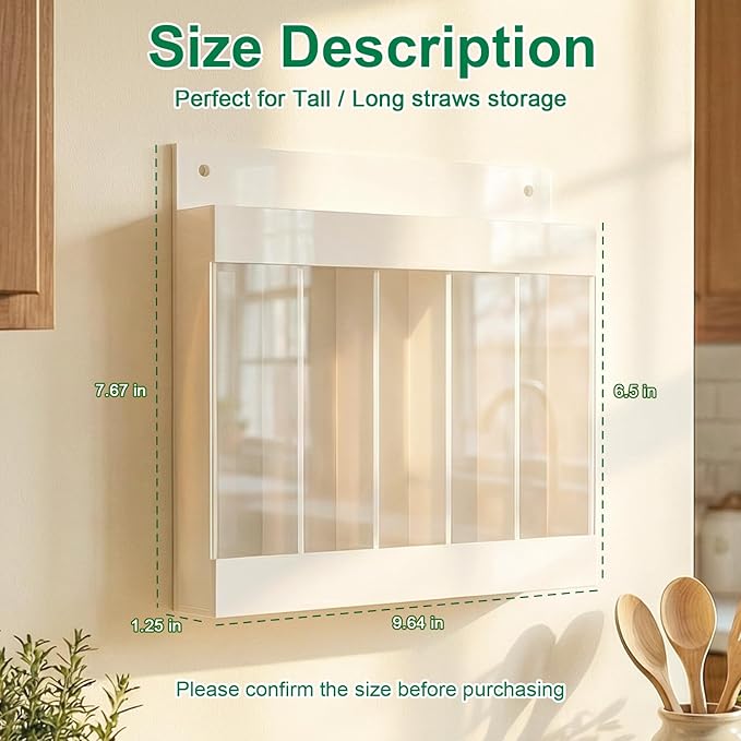 Straw Holder for Cabinet Door, Adhesive & Magnetic Straw Organizer with Clear Front, Slim Cabinet Straws Storage for Kitchen Pantry Cupboard Tumbler Accessories Inside Cabinetdoor Straws Dispenser