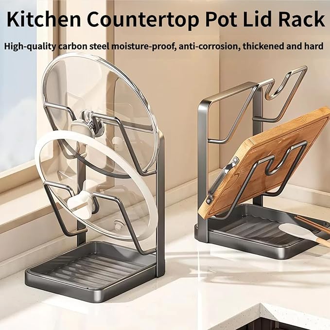 Kitchen Pot Lid Storage Rack, 2026 New Pot Lid Holder While Cooking & Spoon Rest, Multifunctional Kitchen Pot Cover Organizer for Countertop, with Removable Drip Tray (Gray * Single-layer)