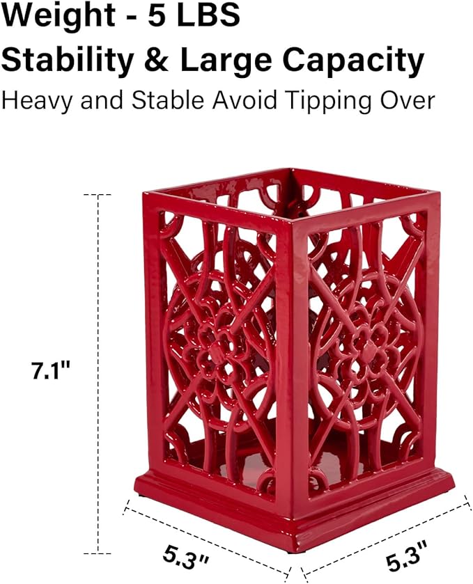 jogreful Utensil Holder, Cast Iron Kitchen Utensil Crock for Countertop, Extra Large Utensil Organizer with Weighted-Base, Housewarming Vintage Decor, Flower Pattern, Red