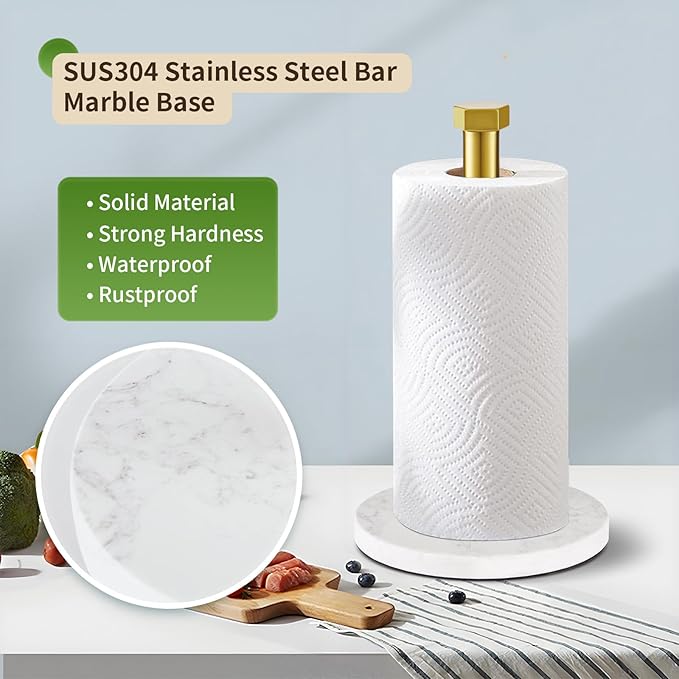 Paper Towel Holder, Kitchen Paper Towels Holder Stand, Stainless Steel Paper Towel Holder -High-Grade Marble Weighted Base, Non-Slip Protect The countertop -Brushed Gold