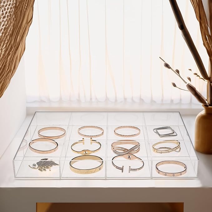 Large Clear Jewelry Organizer Display Tray, Storage Case for Rings, Earrings, Necklaces, Acrylic Drawer Organizer Trays (12 Grids)