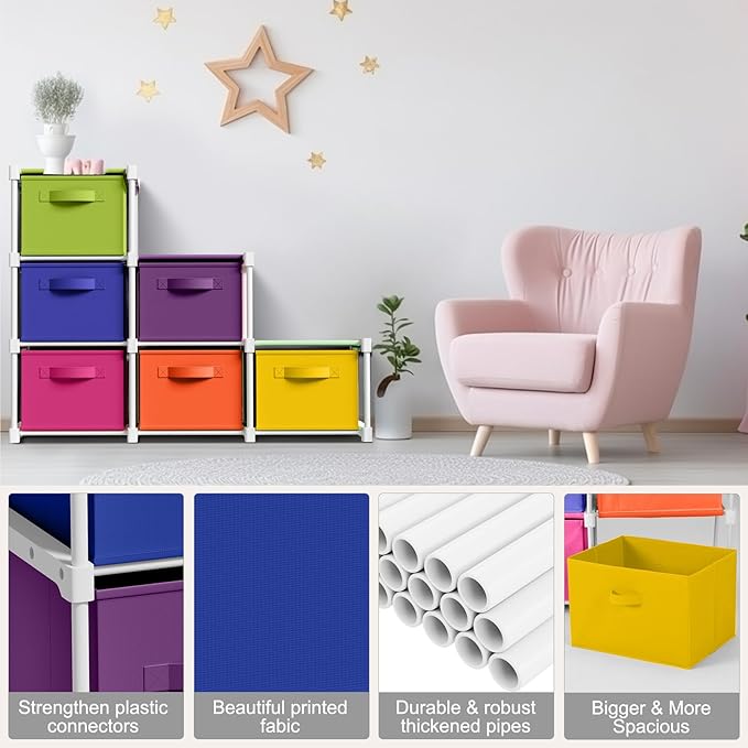 Thyle Large Cube Storage Organizer Shelf with 6 Bins 14 Inch Fabric Collapsible Cubby Storage Drawers Shelving Unit for Christmas Ornaments Clothes Toys Craft(Rainbow,Colorful)