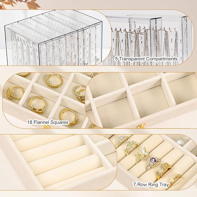 Greenfeather Jewelry Organizer with 7 Removable Drawers, Clear Acrylic Jewelry Box with 40 Necklace Hooks, 120 Pairs of Earring Holes, 2 Velvet-Lined Drawers for Rings, Necklaces, Earrings,Off-White