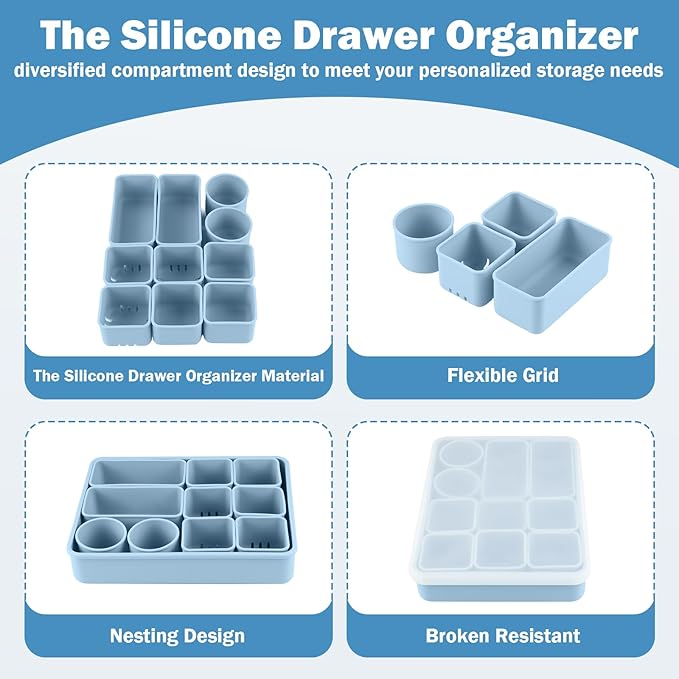 Silicone Makeup Organizer Drawer Set with Clear Lid - Stackable Vanity & Bathroom Drawer Organizer, Adjustable Compartment Desk Drawer Organizer for Cosmetics, Toiletries, Office Supplies