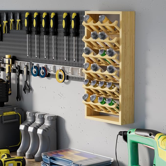24 Can Spray Paint or Lube Can Storage Holder Rack,Wall Mount 6-tier Aerosol Spray Paint Bottle Wooden Organizer for Garage and Home Craft Workspace 14.2" (L) x 5" (W) x 30" (H)