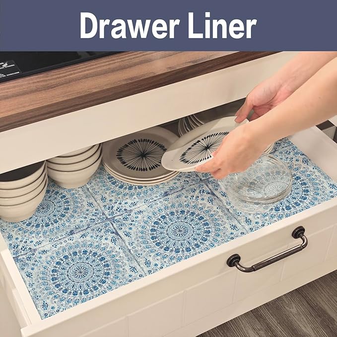 Vuacepe Drawer and Shelf Liner for Kitchen Cabinets Non-Adhesive Waterproof Boho Shelf Liner Strong Grip Non-Slip Drawer Liner Easy to Clean Blue Cabinet Liner for Shelf Dresser Cupboard 12IN × 10FT