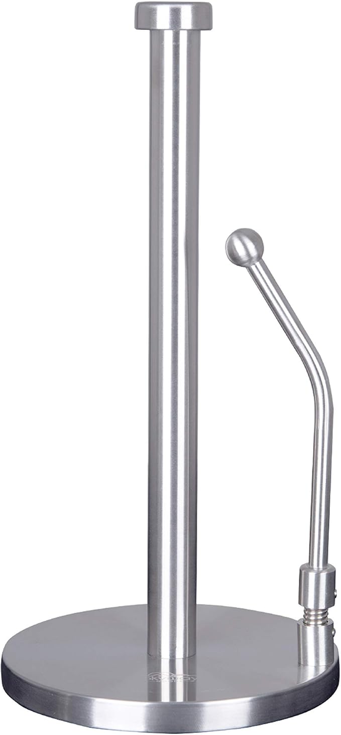 Stainless Steel Paper Towel Holder with Tension Arm – Heavy Weighted Countertop Kitchen Roll Holder, One-Hand Tear Design, Modern Metal Paper Towel Stand
