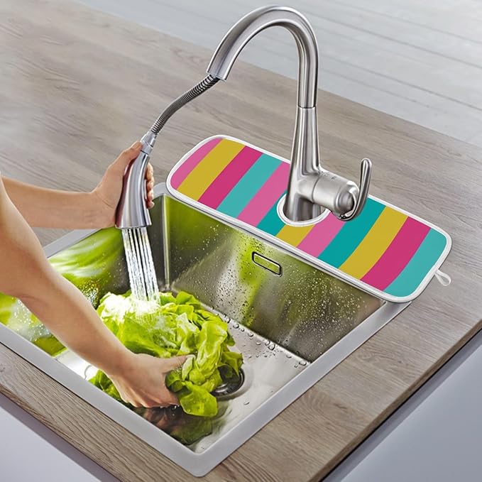 2 PCS Kitchen Sink Splash Guard 23.6 Inch Faucet Mat for Kitchen Sink Bathroom Sink Faucet Absorbing Drip Drain Mat Pad Microfiber Soft Washable Colorful Stripes