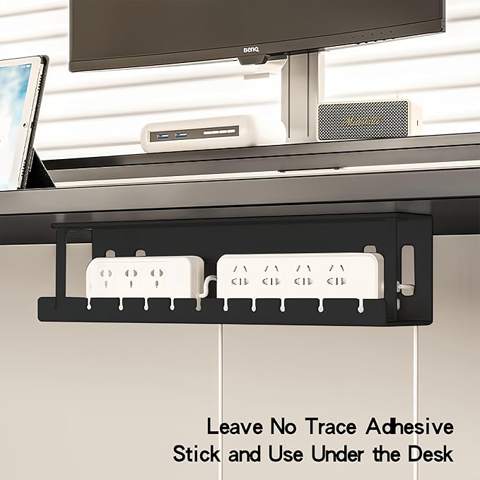 Under Desk Cable Management 12'' Tray Wires Organizer Power Strip Management No Drill Under Table Organizer for Cable Storage (BLACK-30CM)