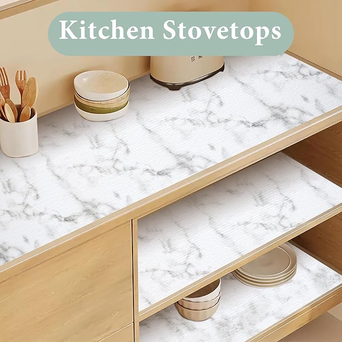Drawer and Shelf Liner for Kitchen Cabinet: 23.6 in X 30 Ft Non Slip Waterproof Shelf Paper Non Adhesive Refrigerator Liners White Marble Easy Liners for Bathroom with Knife Tape Measure