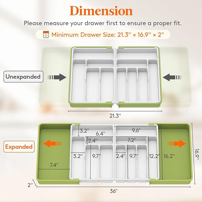 Lifewit Silverware Drawer Organizer, Expandable BPA Free Plastic Utensil Tray for Kitchen, Adjustable Flatware Cutlery Holder for Spoons Forks Knives, 21.3- 36 x 16.9", Green&White