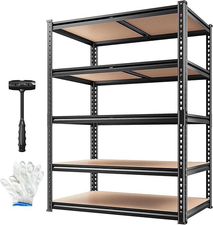 REIBII 2400LBS Storage Shelves 5 Tier Garage Shelving Heavy Duty, Adjustable Metal Shelving Unit, Garage Shelves for Basement, Warehouse, Pantry, Closet, Kitchen 72" H x 35.55" W x 16" D, Black