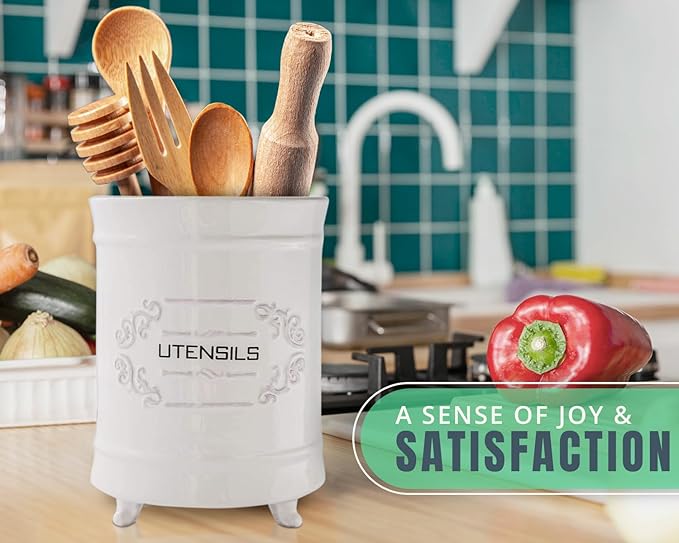 Comfify White Ceramic Utensil Holder – Vintage Style Kitchen Caddy – Shabby Chic Countertop Organizer – Rustic French Country Crock for Cooking Enthusiasts