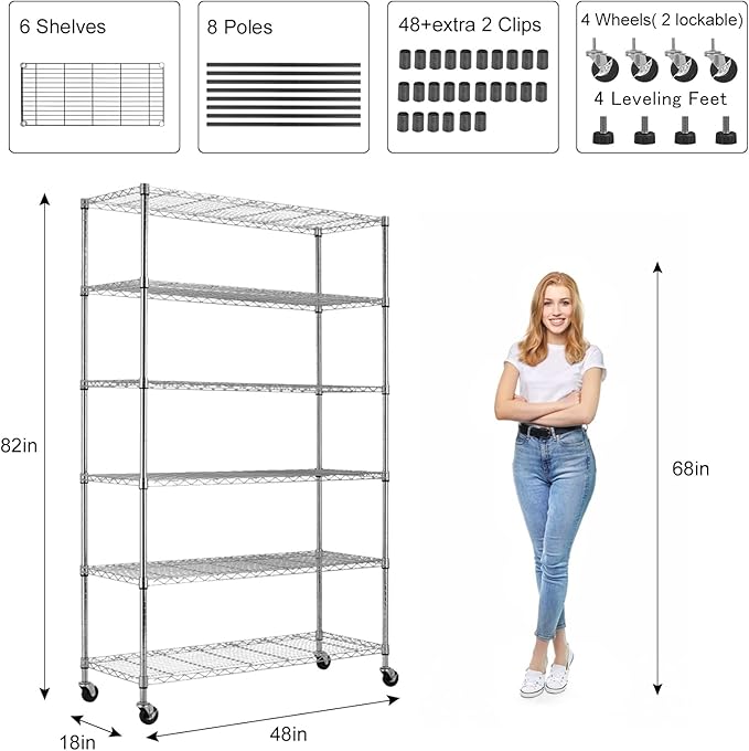 6-Tier Storage Shelves 48" x 18" x 82" Heavy Duty Metal Shelving Unit 2100Lb Capacity Adjustable Storage Racks with Wheels NSF Garage Wire Shelf for Basement Commercial, Chrome