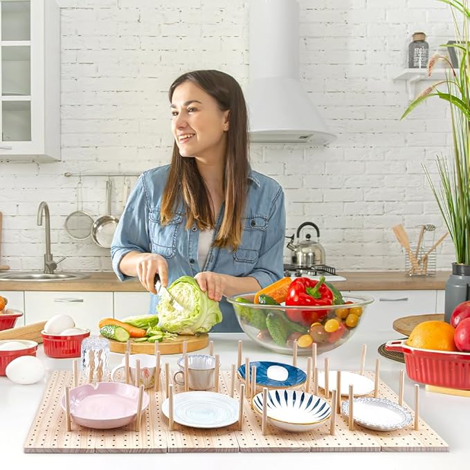 peacoblue 6 - Piece Wood Pegboard Drawer Organizer Set - Kitchen Drawer Peg Organizer 40 Pegs & Screws Included - Organizing Kitchen Dishes, Plates Pegboard Food Containers(17x5.9inch)