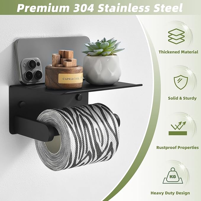 Toilet Paper Holder with Phone Shelf, APLusee SUS 304 Stainless Steel Bathroom Tissue Holder, Wall Mounted Roll Paper Dispenser, Matte Black