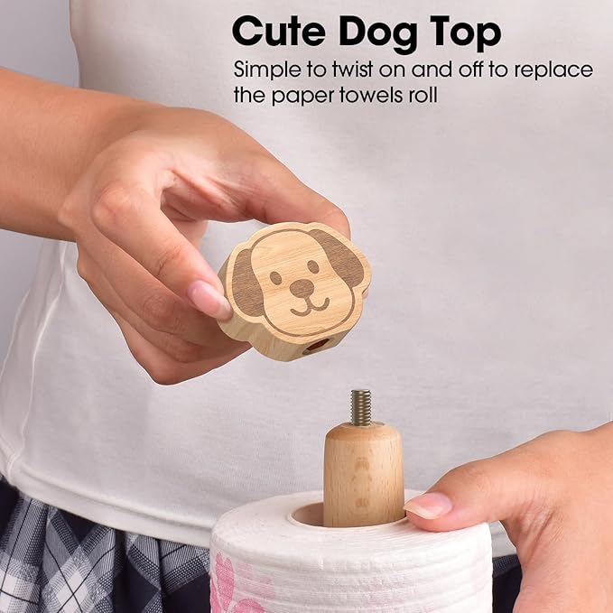 KitchLife Cute Wooden Paper Towel Holder Countertop - Solid Freestanding Paper Towel Dispenser Stand Organizer with Anti-Skid Base (Dog)
