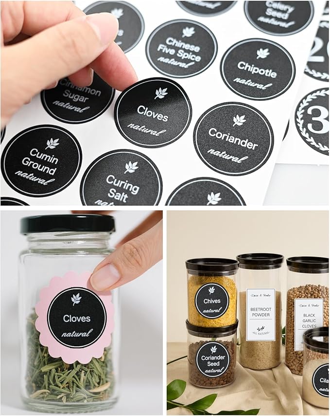 388 Pcs Spice Jar Labels Stickers Waterproof Preprinted Pantry Labels with Blank Label, Black & White Stickers for Kitchen Jars Food Containers Spice Organizers Storage Bins