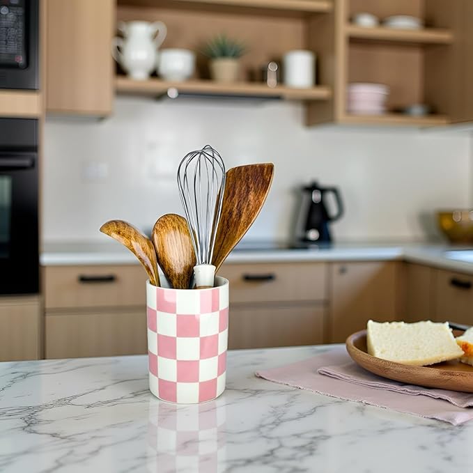 Checkered Utensil Holder, 4.13''x5.71 Utensils Caddy for Kitchen Counter, Medium Size Utensil Crock for Countertop, Utensils Organizer Storage for Parties Dining-Modern Pink and White