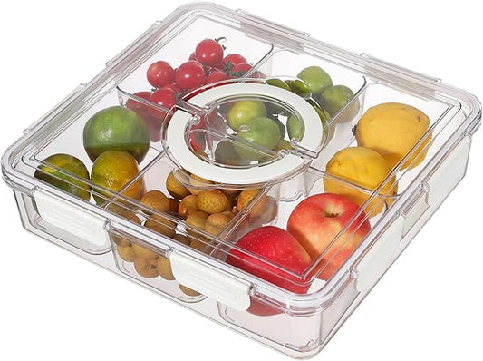 Taiuloo Divided Serving Tray with Airtight Lid and Handle, 6 Compartment Snackle Box Container, Portable Snack Platters, Clear Fridge Organizer & Food Storage for Veggie, Fruit, Charcuterie, Nuts