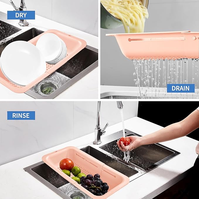 LASSHSWA Collapsible Colander and Strainer for Kitchen, Over the Sink Strainer Basket for Kitchen, Fruit Pasta Food Strainer Expandable Plastic Colander (Orange Pink)