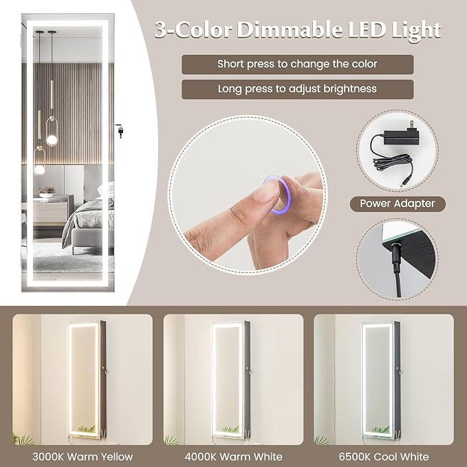NAFORT LED Mirror Jewelry Armoire, Full Length Mirror with Storage Box, Wall or Door Mounted Organizer Cabinet, Lockable Over the Door Jewelry Storage, Black