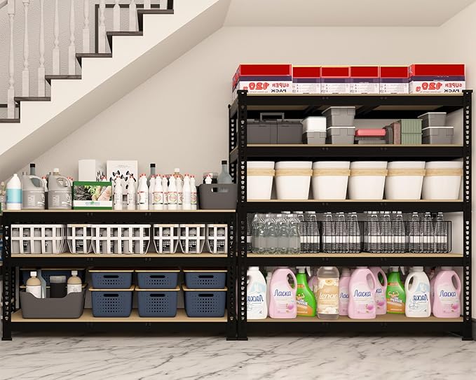 5 Tier Garage Storage Shelves - 48" W x 18" D x 71" H Heavy Duty Adjustable Shelving Unit, Metal Organizer Utility Rack for Basement, Pantry, Kitchen, Black, 4 PCS