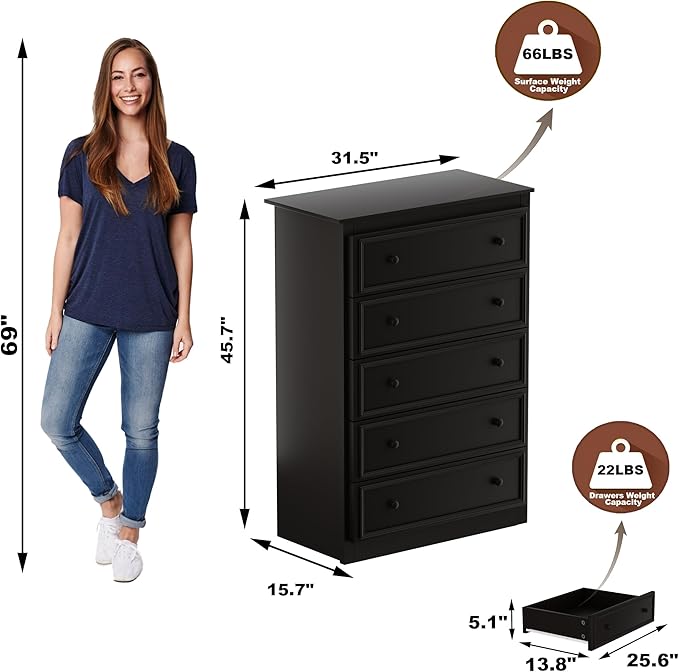 5 Drawer Dresser for Bedroom, Tall Wooden Chest of Drawers with Spacious Top, Modern Storage Organizer Cabinet for Closet, Nursery, Living Room, 15.7" D x 31.5" W x 45.7" H (Chocolate)