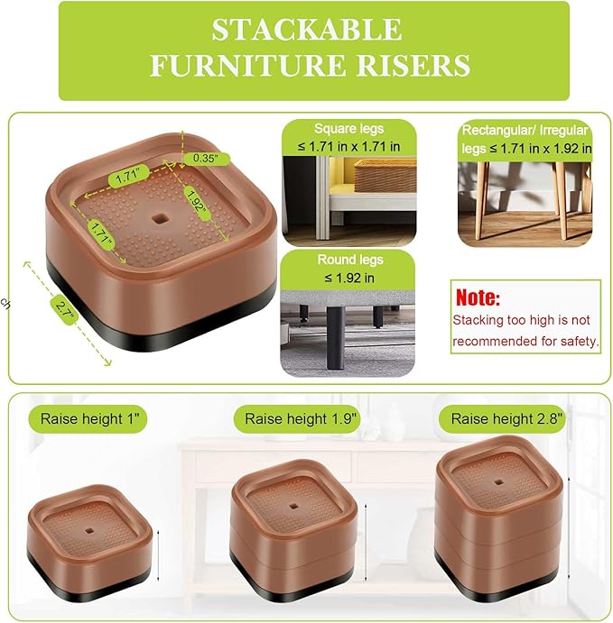 16 Pack Furniture Risers 1, 2 or 3 Inch, Adjustable Bed Risers Heavy Duty For Table Desk Couch Chair Sofa Cabinet Bed Legs Dorm, Square Stackable Bed Raisers Blocks Lift Height 1", 2" or 3", Brown