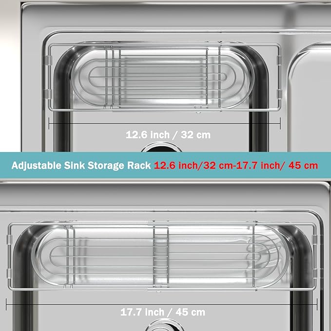 Sink Caddy Sponge Holder Kitchen Sink Organizer, Telescopic sink organizer rack for kitchen Expandable 13.4" to 17.1", Stainless Steel