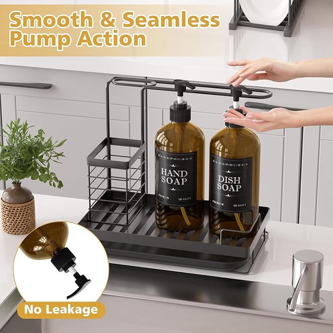 Sponge Holder for Kitchen Sink Caddy with High Brush Holder,Stainless Steel Kitchen Sink Organizer Set with 2 Lotion Dispenser,Kitchen Accessories Storage for Countertop