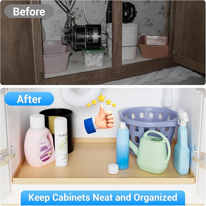 Aisslro Under Sink Mat 28" X 19", Waterproof Silicone Under Sink Mats for Kitchen, Anti-Leak Shelf Liner & Cabinet Protector with Raised Edge, [BPA Free] Bathroom Tray Home Organizer, Brown