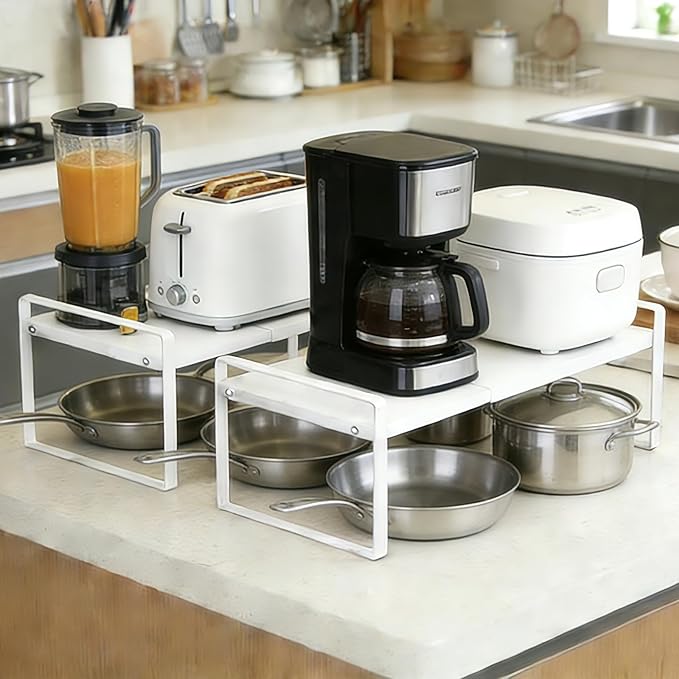 Expandable Kitchen Counter Shelf Organizer,14-25" L， White Metal, Under Sink Storage Rack, Cabinet Countertop Organizer (2 Pack)