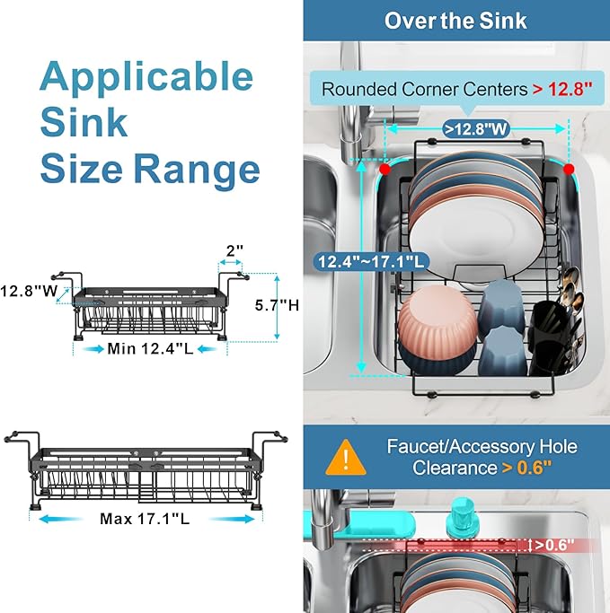 iSPECLE Expandable Dish Drying Rack for Kitchen Sink - Rust Resistant Adjustable Over The Sink Dish Drainer with Secure Locking Knob, 90° Anti-Slip L-Handles, 12.8" W x 12.4"-17.1" L, Black