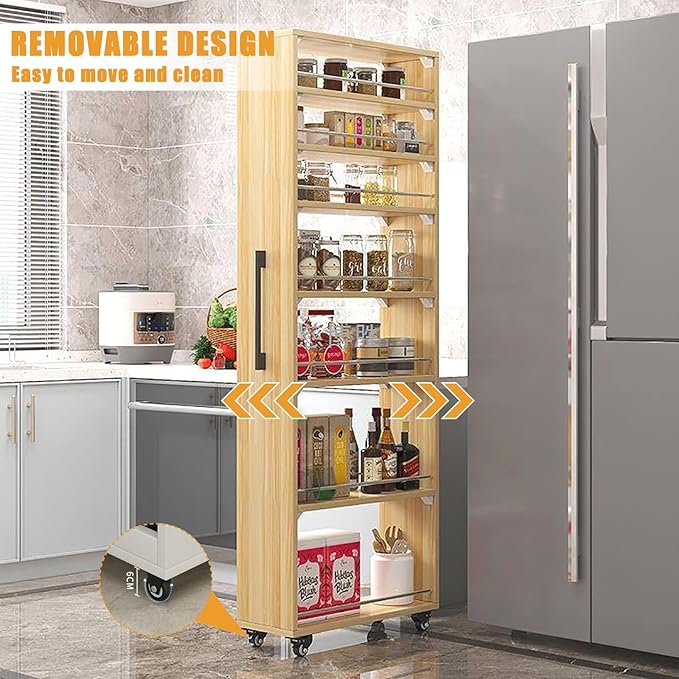 Slim Storage Cart,Rolling Spice Rack Next to Fridge Slim,Kitchen Rolling Cart,Narrow Storage Cabinet, Wood Storage Organizer,for Kitchen,Bakers,Pantry,Dining Room Brown 11.8×23.6×72.4in