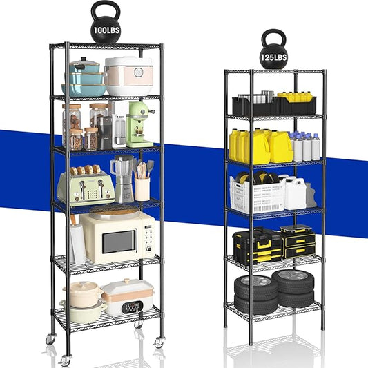 2 Pack Rolling 6-Tier Storage Shelves with Wheels, Heavy Duty Wire Shelving Rack Capacity 750 lbs, 14" D x 24" W x 71" H Adjustable Metal Shelving for Garage, Closet, Kitchen