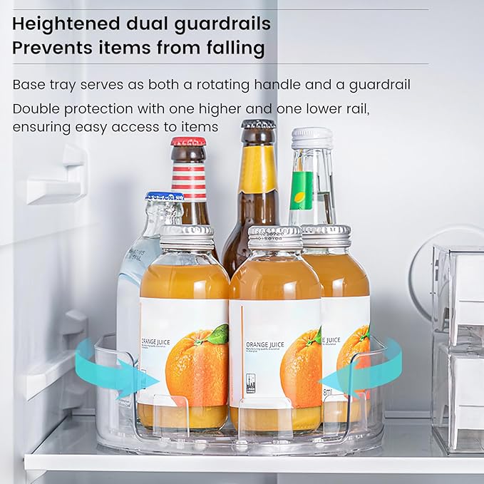 HomeBeyond Rectangular Lazy Susan Organizer for Refrigerator & Cabinet, 360° Rotating Fridge Turntable, Removable Non-Skid Tray to Organize Condiments, Cans, Beverages, Clear PET