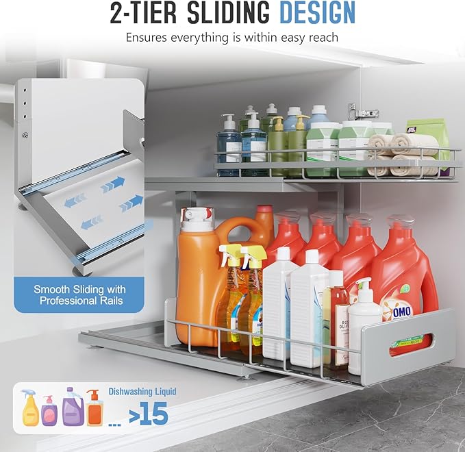 1 Pack 18 IN Depth Under Sink Organizer with Smooth Ball Bearing Slides,2-Tier Pull Out Cabinet Storage,Slide Out Drawers for Bathroom&Kitchen,Rust-resistant Coating,Height Adjustable-Gun Gray