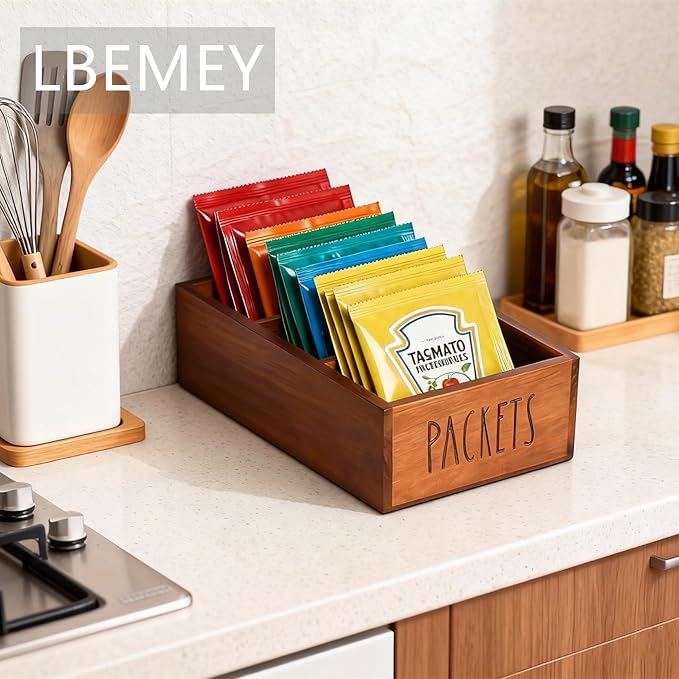 Packet Organizer, Acacia Wood Packet Storage Organizer with 3 Compartments,Farmhouse Kitchen Organization for Spice, Gravy, Taco, and Dressings Packets for Kitchen (Brown Label PACKETS)