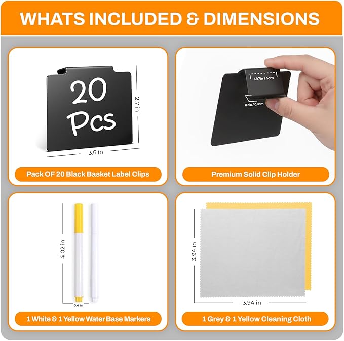 Pcs Basket Labels Clip on for Pantry Organization and Storage bin Labels with 2 Markers and 2 Wipe Cloths Reusable Chalk Basket Labels - Black Bin Labels Clip on Chalkboard Basket Tags (26)