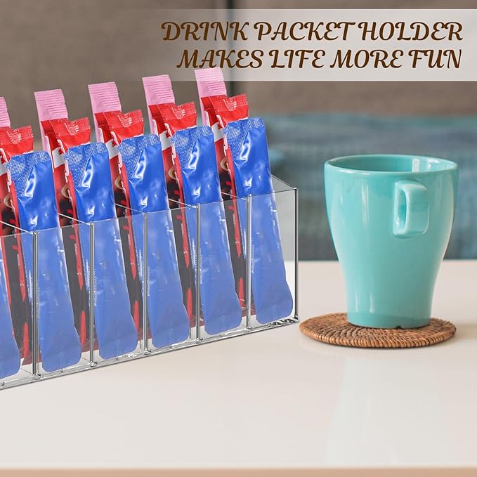 2 Pcs Drink Packet Organizer, Water Flavor Packet Organizer with Removable Dividers, 6-Compartment Clear PET Storage Box for Pantry, Kitchen, Office - 10.28 x 2.52 x 4.37 Inches