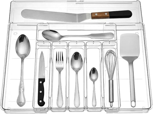 Expandable Utensil Drawer Organizer, Clear Plastic Silverware Tray for Drawers 9 Compartments Adjustable Non-Slip Drawer Storage Organizer forTableware, Knives, Forks, Spoons, Tools, Stationery