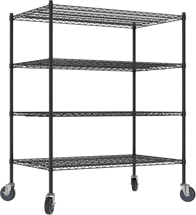 Commercial NSF Listed Black Epoxy Mobile Wire Shelving Kit 30" x 48" x 60", with 4 Shelves Perfect for Warehouse, Walk-in Refrigerator, Freezer, Grocery Store, Restaurant, Dishroom