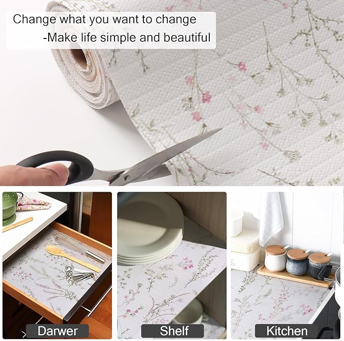 Amiitay Floral Drawer and Shelf Liner for Cabinets 24IN x 10FT, Non-Adhesive and Strong Non-Slip Flower Shelf Cabinet Drawer Liners for Kitchen,Table,Bookshelves,Waterproof Cupboard Liner