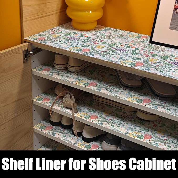 Floral Shelf Drawer Liners, 24IN x 10FT Non Adhesive and Strong Non-Slip Colorful Cabinet Drawer Shelf Liners for Kitchen Wire Fridge, Waterproof Cabinet Liner,Easy to Clean